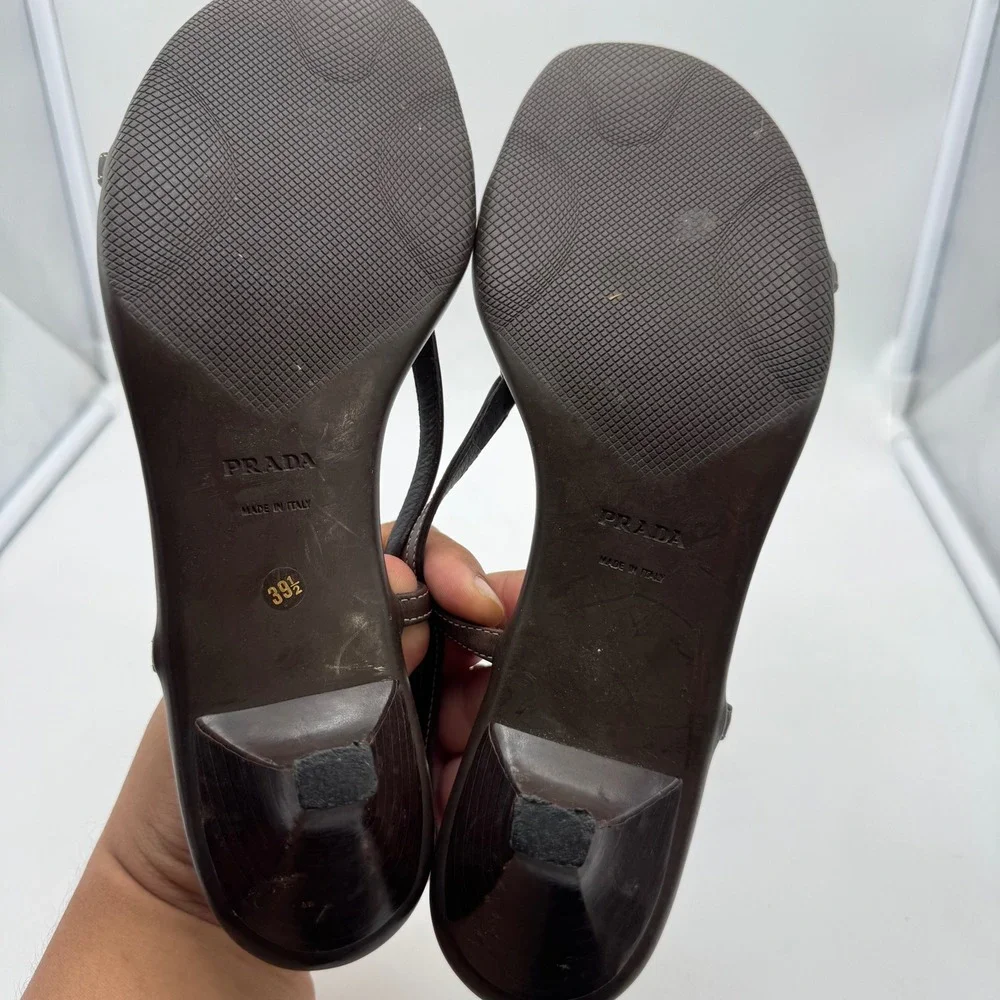 Prada Vintage Metal Triangle Logo Slingback Kitten Heel Sandals in Brown Leather